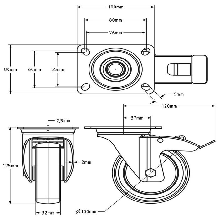 Rvs zwenkwiel met rem 100 mm - Rubber - 100 kg