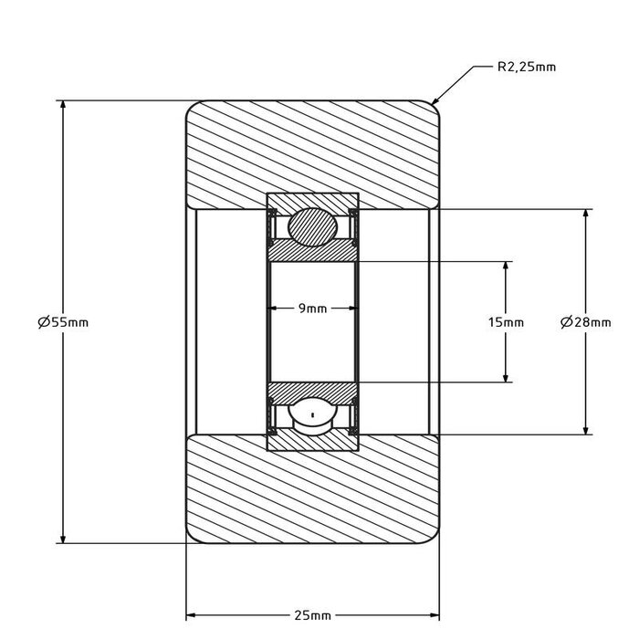 Geleiderol 55x25 mm - polyamide - 150 kg
