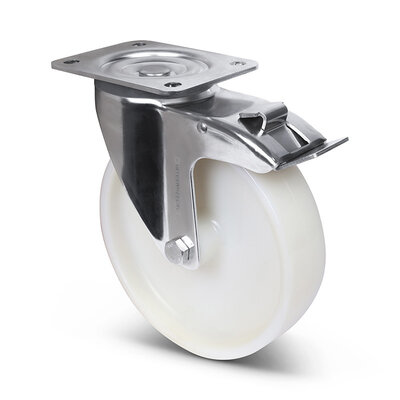 Rvs zwenkwiel met rem 200 mm - Nylon - 500 kg