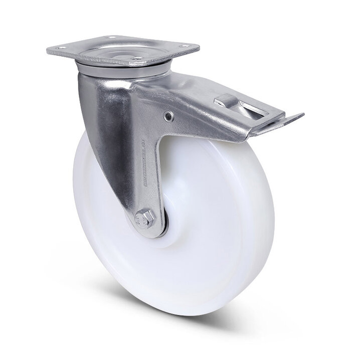 Nylon zwenkwiel met rem 250 mm - kogellager - 1000 kg