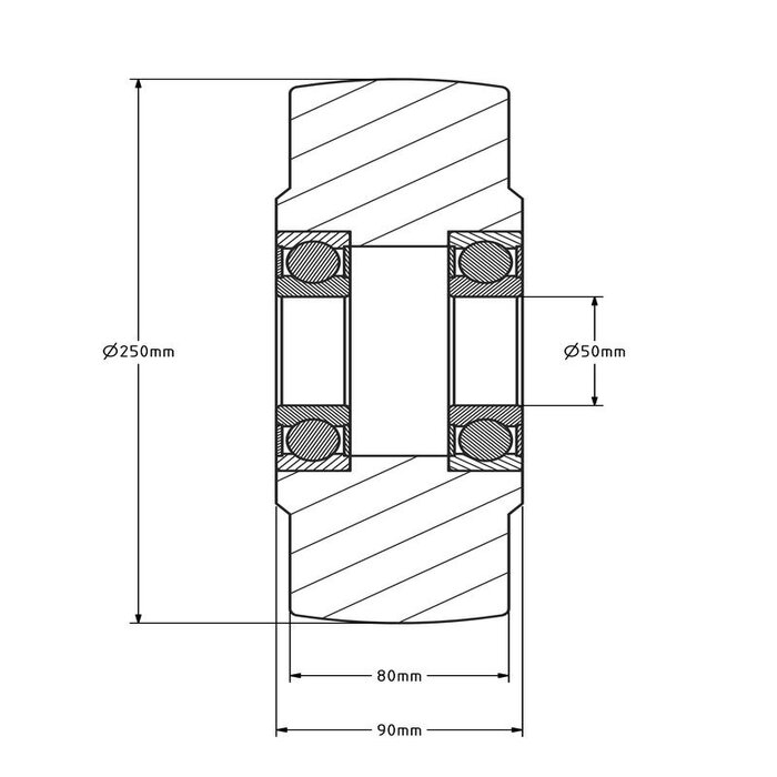 Gietnylon wiel 250 mm - kogellager - 6000 kg