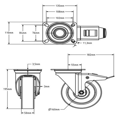 Rubber zwenkwiel met rem 160 mm - kogellager - 350 kg