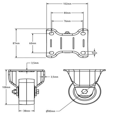 PU bokwiel 80 mm - kogellager - 250 kg