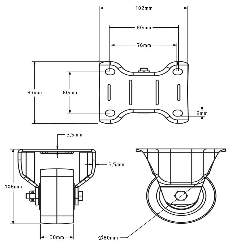 PU bokwiel 80 mm - kogellager - 250 kg