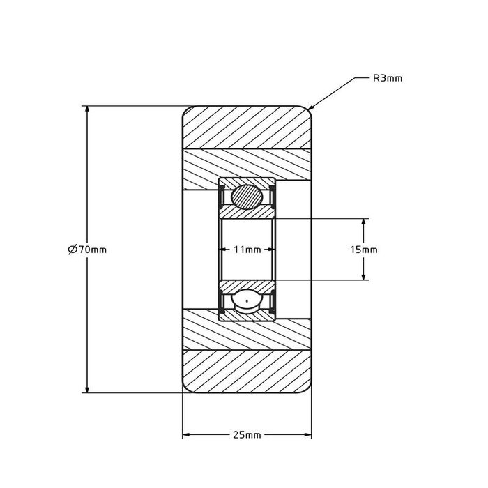 Geleiderol 70x25 mm - Vulkollan - 160 kg