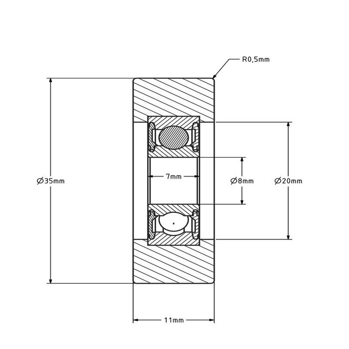 Rvs geleiderol 35x11 mm - polyurethaan - 40 kg