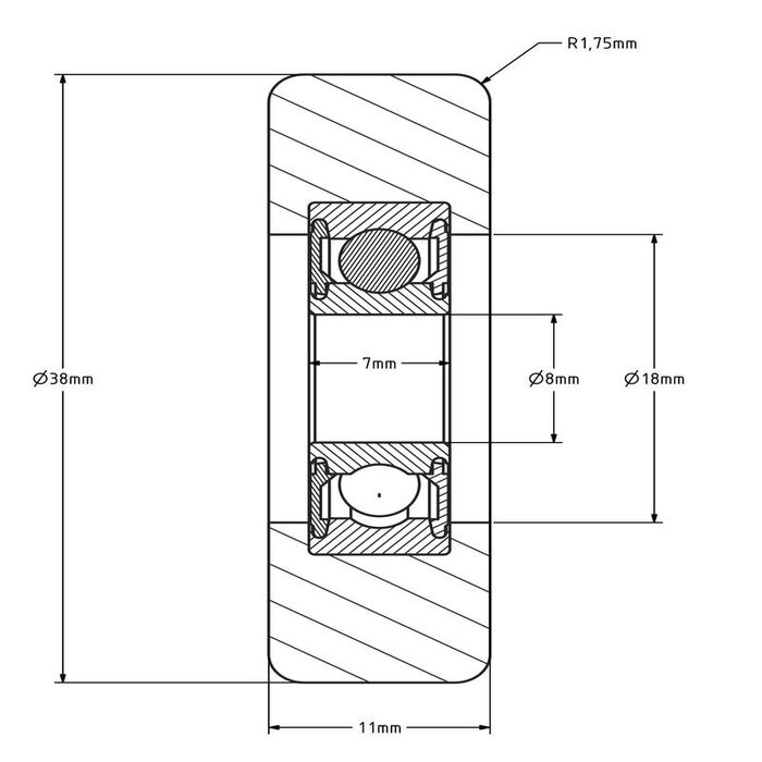 Geleiderol 38x11 mm - polyurethaan - 40 kg