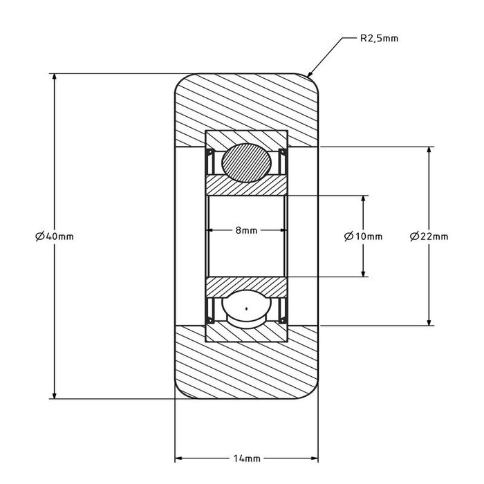 Rvs Geleiderol 40x14 mm - polyurethaan - 70 kg