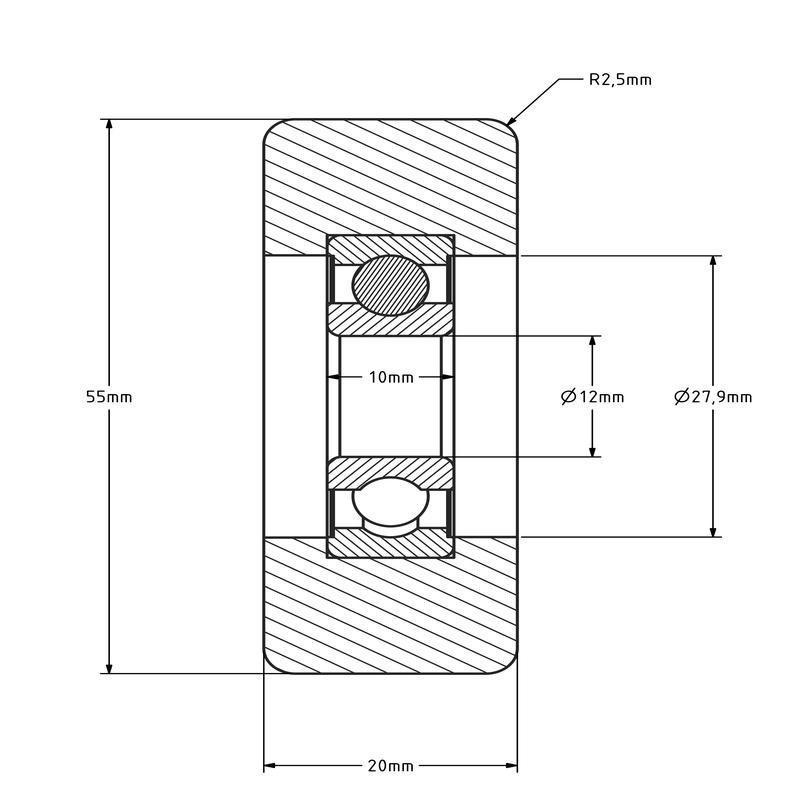 Geleiderol 55x20 mm - polyurethaan - 115 kg