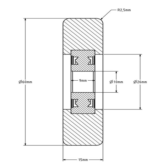 Geleiderol 60x15 mm - polyurethaan - 110 kg