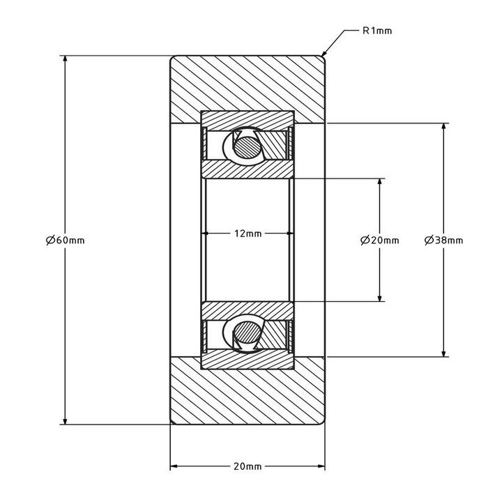 Rvs geleiderol 60x20 mm - polyurethaan - 150 kg