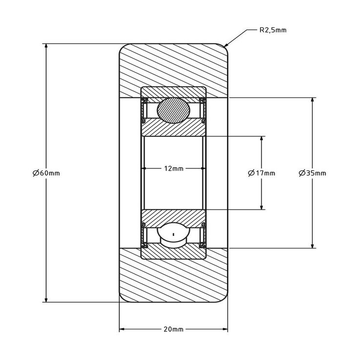 Geleiderol 60x20 mm - polyurethaan - 150 kg