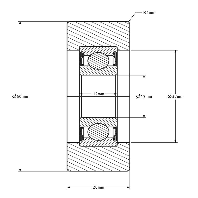 Geleiderol 60x20 mm - polyurethaan - 70 kg