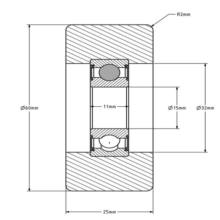Geleiderol 60x25 mm - polyurethaan - 150 kg