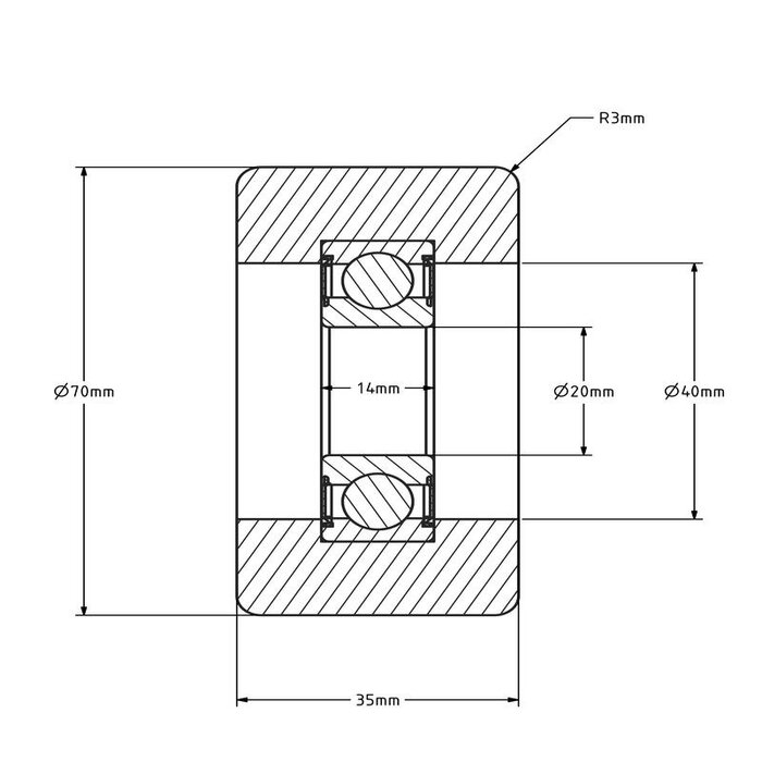 Geleiderol 70x35 mm - polyurethaan - 200 kg