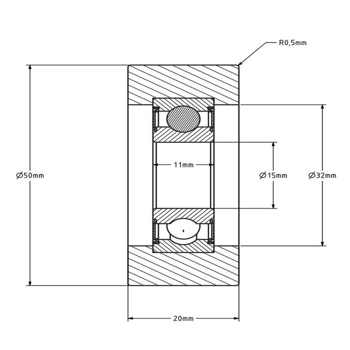 Geleiderol 50x20 mm - polyurethaan - 60 kg