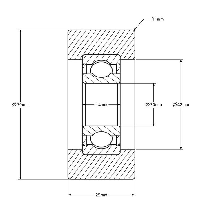 Geleiderol 70x25 mm - polyamide - 200 kg
