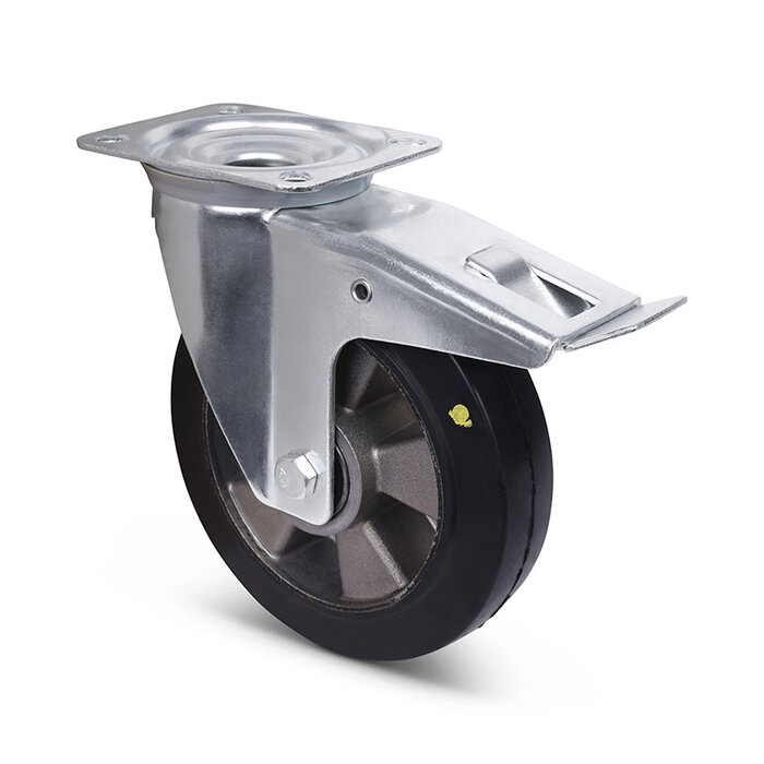 ESD Rubber zwenkwiel met rem 200 mm - kogellager - 400 kg