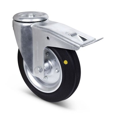 ESD Volrubber zwenkwiel met rem 200 mm - stalen velg en boutgat - 205 kg