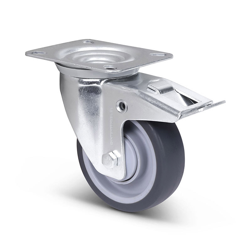 Rubber zwenkwiel met rem 100 mm - kogellager - 100 kg