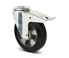 Elastisch rubber zwenkwiel met rem 160 mm - boutgat - 300 kg