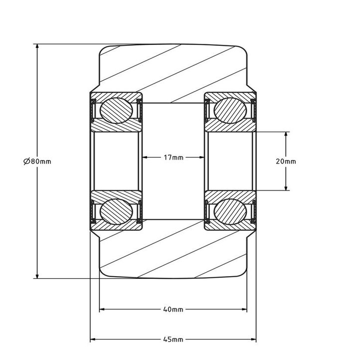 Rvs gietnylon wiel 80 mm - kogellager 20 mm - 1000 kg