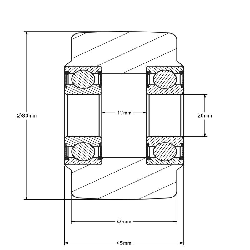 Rvs gietnylon wiel 80 mm - kogellager 20 mm - 1000 kg