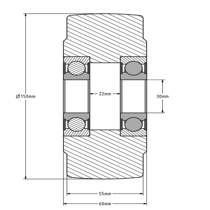 Rvs gietnylon wiel 150 mm - kogellager 30 mm - 2500 kg