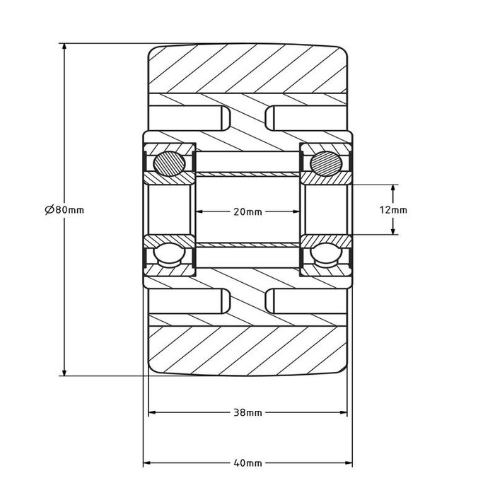 PU wiel 80 mm - kogellager asgat 12 mm - 180 kg