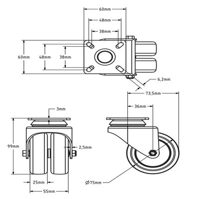 Dubbel zwenkwiel 75 mm - plaat - 120 kg