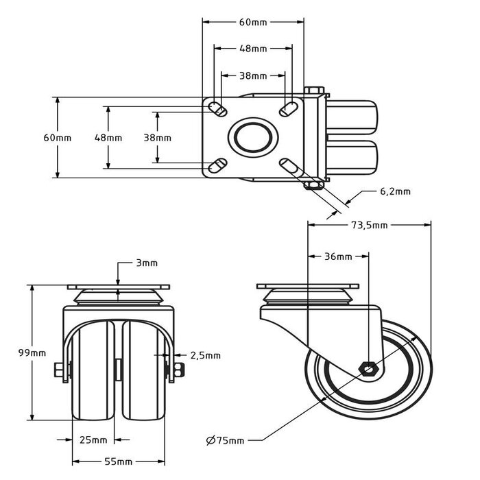 Dubbel zwenkwiel 75 mm - plaat - 120 kg