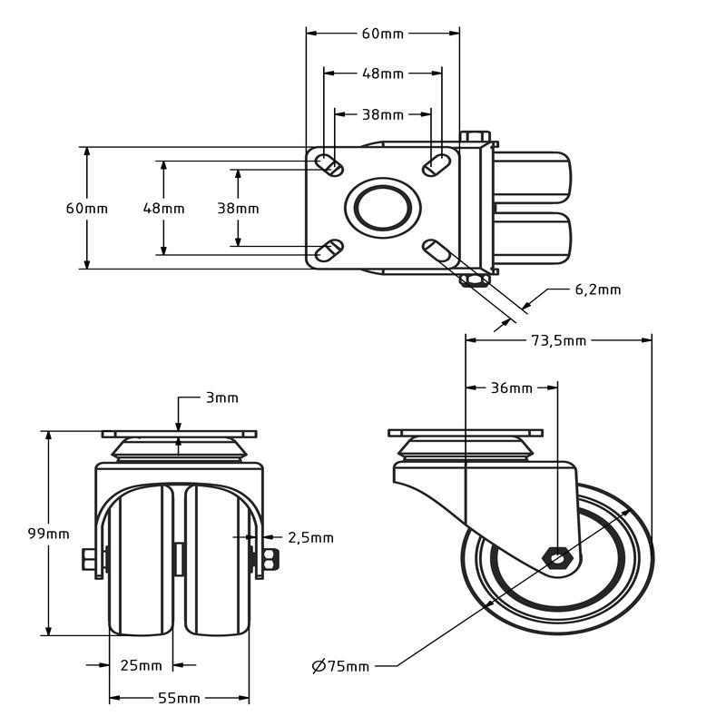 Dubbel zwenkwiel 75 mm - plaat - 120 kg