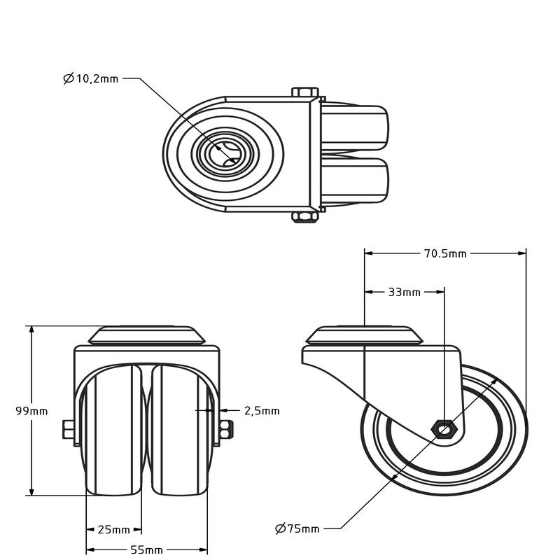 Dubbel zwenkwiel 75 mm - kogellager - boutgat - 120 kg