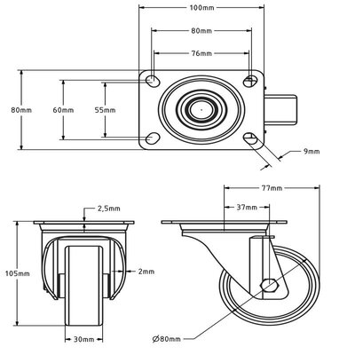 Rvs zwenkwiel 80 mm - Nylon - 150 kg