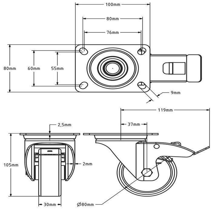 Rvs zwenkwiel met rem 80 mm - Nylon - 150 kg