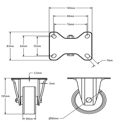 Rvs bokwiel 80 mm - Nylon - 150 kg