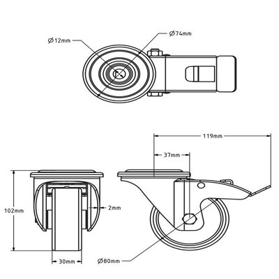 Rvs zwenkwiel met rem 80 mm - Nylon - 150 kg