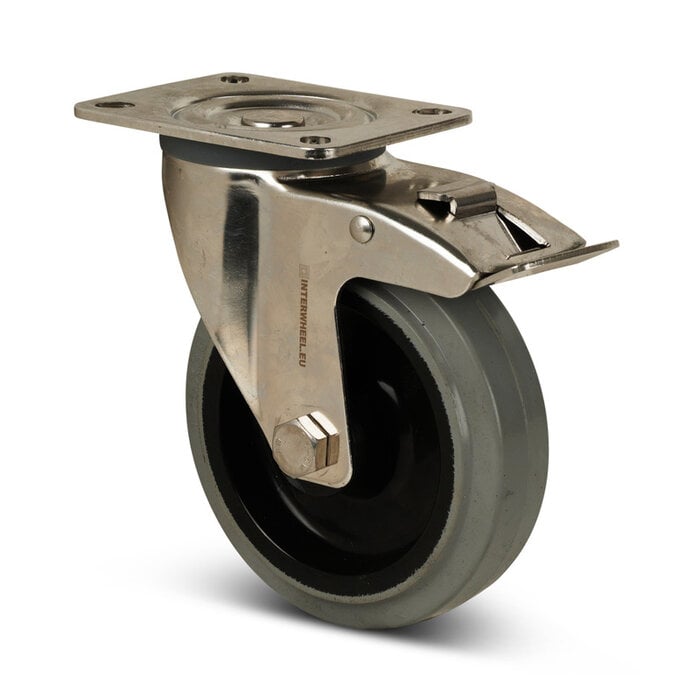 Rvs zwenkwiel met rem 100 mm Elastisch rubber - rollager - 200 kg