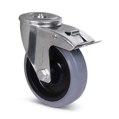 Rvs zwenkwiel met rem 125 mm - Elastisch rubber - 190 kg