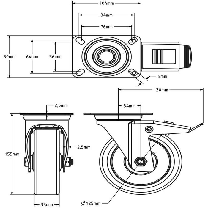 Rubber zwenkwiel met rem 125 mm - kogellager - 135 kg