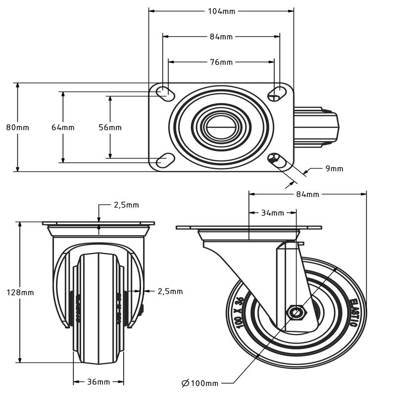 Rubber zwenkwiel 100 mm - rollager - 160 kg