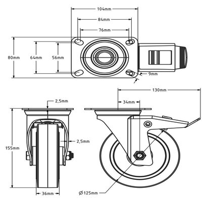 Rubber zwenkwiel met rem 125 mm - rollager - 220 kg