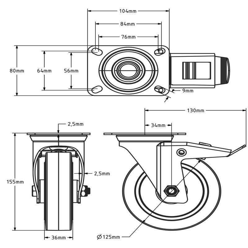 Rubber zwenkwiel met rem 125 mm - rollager - 220 kg