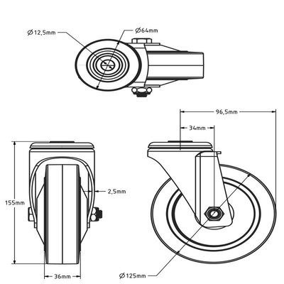 Blauw rubber zwenkwiel 125 mm - 220 kg