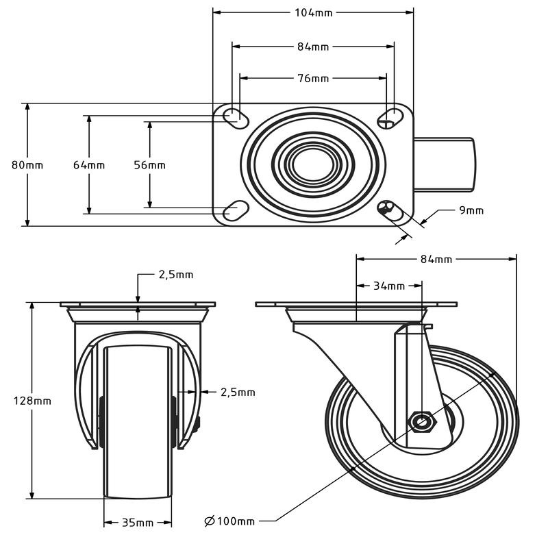 PU zwenkwiel 100 mm - rollager - 150 kg