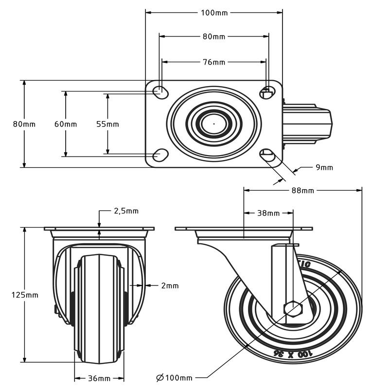 Rvs zwenkwiel 100 mm Elastisch rubber - rollager - 190 kg