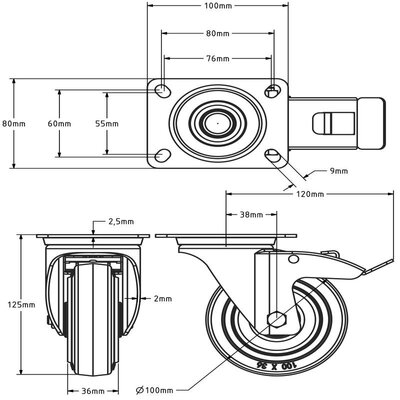 Rvs zwenkwiel met rem 100 mm Rubber - rollager - 190 kg