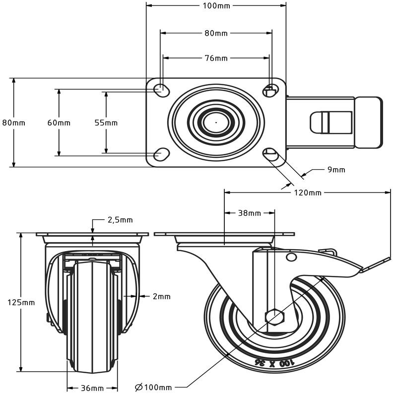 Rvs zwenkwiel met rem 100 mm Rubber - rollager - 190 kg