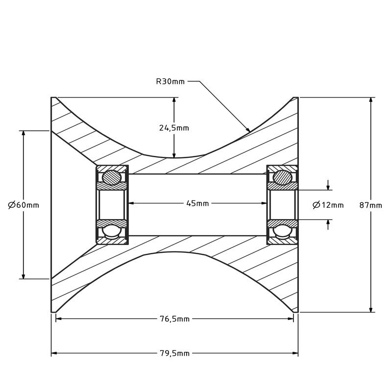 Kunststof diabolorol 87 mm - asgat 12 mm - 150 kg