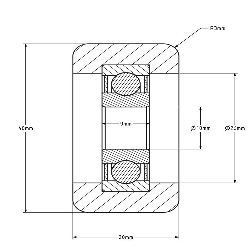 Rvs geleiderol 40x20 mm - polyurethaan - 90 kg